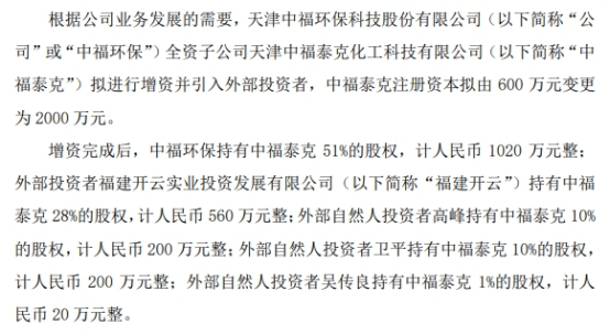 中福环保拟认缴出资420万元对全资子公司增资 占股51%