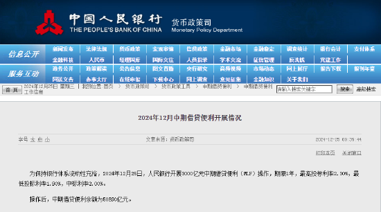 央行开展3000亿元中期借贷便利（MLF）操作